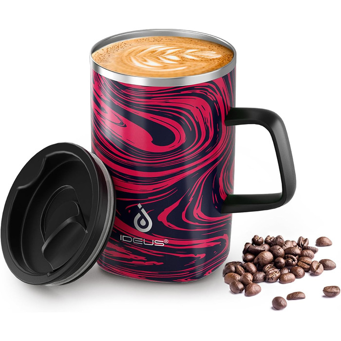 Кружка для кави та чаю Ideus® 470 мл з подвійними стінками, з нержавіючої сталі, з антиковзним руків'ям та кришкою-модулем, великий об'єм (Червоно-зебра)