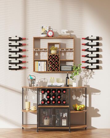 Настінна полиця для вина TJ.MOREE на 12 пляшок, дерев'яний винотримач для кухні, бару та їдальні, чорний комплект 8 шт.