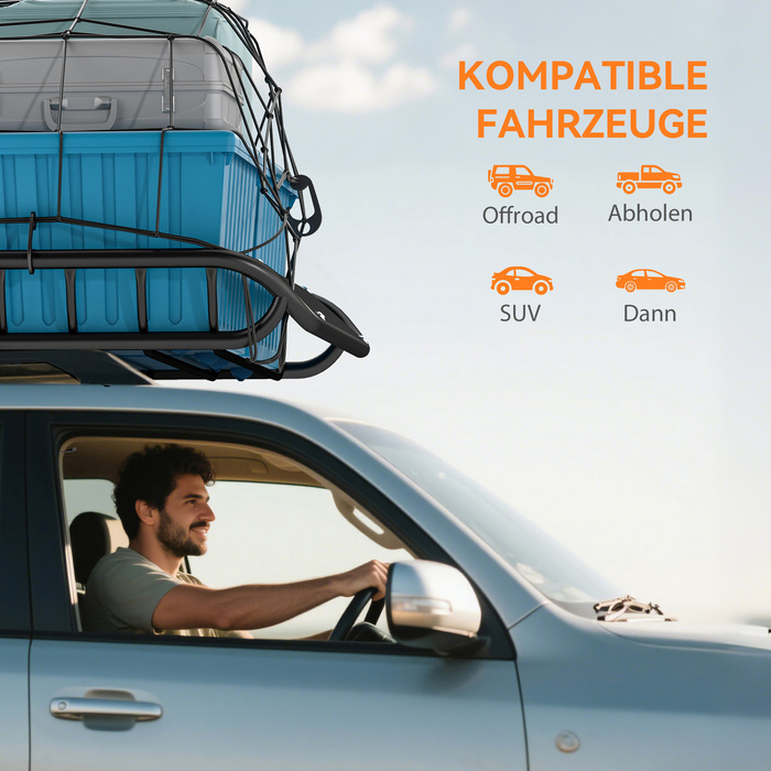 Універсальний багажник на дах авто з вітрозахистом, вантажопідйомністю до 150 кг, розміром 116 x 92 x 11,5 см, чорного кольору, підходить для позашляховиків та пікапів.