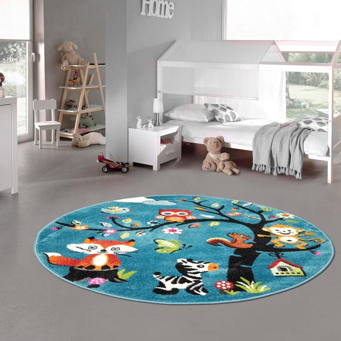 Синій килимок для дитячої кімнати з милими лісовими звірятами - ідеальний варіант для природної атмосфери, 200х290 см (120 см круглий, синій)