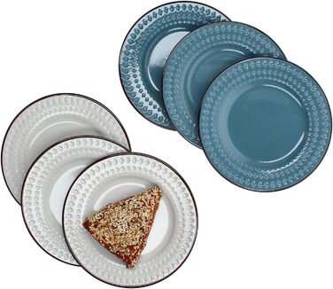 Синьо-білий набір з 6 тарілок для торта I Ø 20,5 см I Керамогранітні тарілки для сніданку з алмазним рельєфом на 6 персон I Маленькі тарілки для сніданку, обіду, кави та вечері