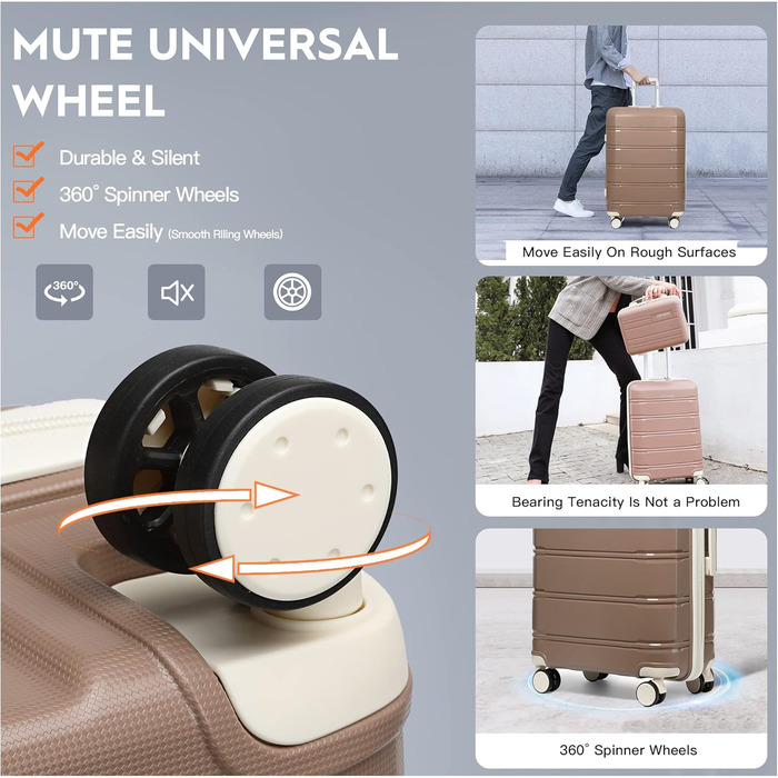 Набір валіз Joyway 3 в 1 з жорстким корпусом, 4 колеса, TSA-замок, косметичка та сумка, коричнево-білий, ручна поклажа