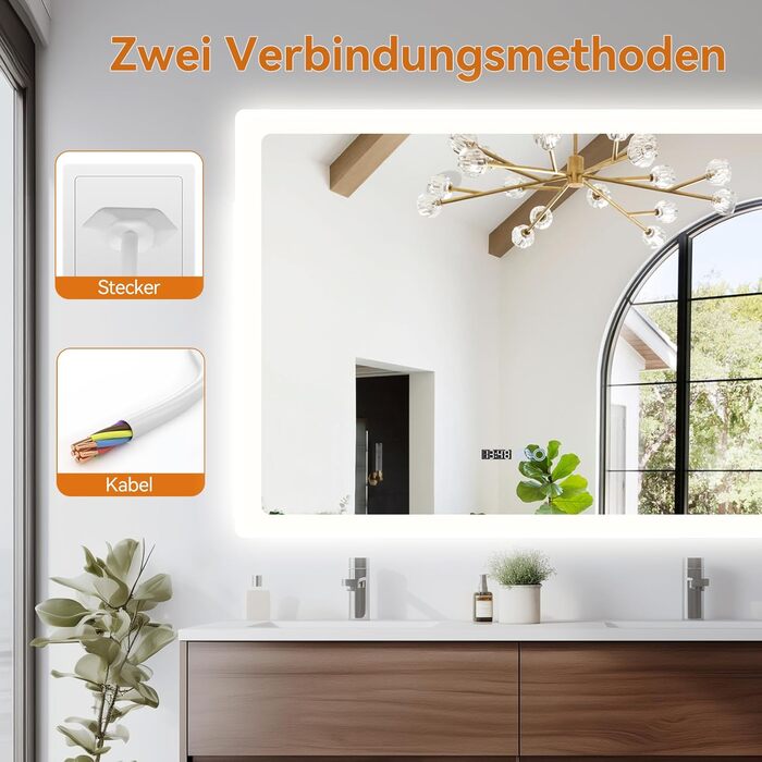 Дзеркало для ванної кімнати YU YUSING з підсвічуванням 80x60 см, LED, 3 кольори світла, регулювання яскравості, антизапар, сенсорне управління, таймер, скло, IP44