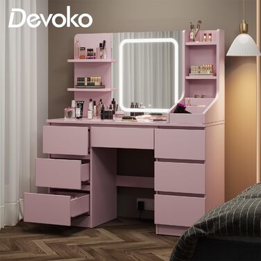 Трюмо Devoko LED з 7 висувними ящиками, регульованою яскравістю та дзеркалом, 110x40x140 см (рожеве)