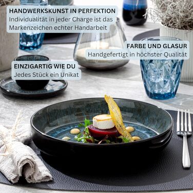 Набір посуду SÄNGER Manila на 6 осіб (30 предметів) | Керамічний сервіз, блакитний з чорним обідком