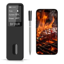 Термометр для м'яса BFOUR BF-30 PRO: бездротовий Bluetooth термометр для гриля з підключенням до додатку, LCD-дисплей, IP67 водонепроникний, для BBQ, духовки, гриля, кухні (чорний)