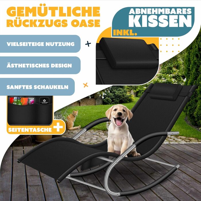 Крісло-шезлонг KESSER® для відпочинку на вулиці | Садове крісло-шезлонг | Крісло-гойдалка | Зручне крісло з підголовником | Чорний | Макс. 150 кг