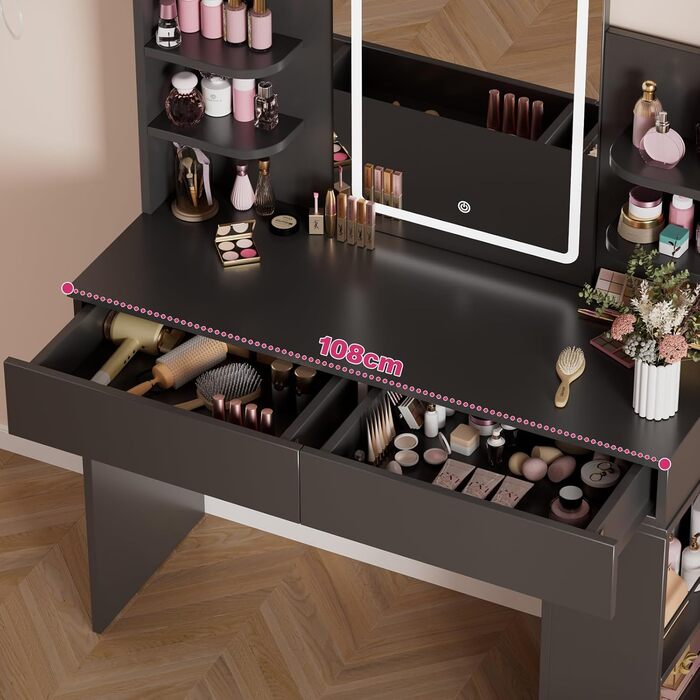 Великий туалетний столик Airfish з підсвічуванням 108x40 см, з дзеркалом та полицями, 2 шухляди, регульована яскравість, 3 кольори, для спальні/вітальні (білий туалетний столик) (чорний туалетний столик)