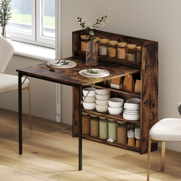 Стіл-трансформер з полицею, в індустріальному стилі, економний за місцем, ідеальний для маленьких приміщень, розмір 80x90x93 см, колір - рустикальний коричневий