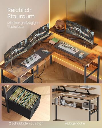 Комп'ютерний стіл VASAGLE L-подібний з розетками, LED-підсвічуванням та USB-портами, 150 x 120 x 76 см, для дому та офісу, вінтажний колір