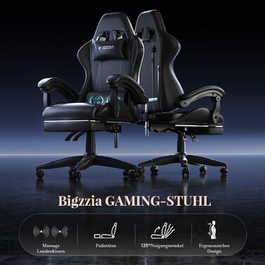 Ігровий крісло Bigzzia з масажем та підніжкою, ергономічний, регульована спинка 90-135°, чорний