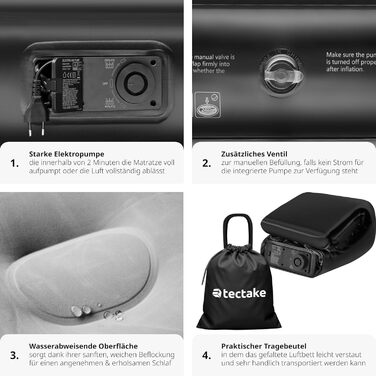 Надувна матрац Tectake для відпочинку та кемпінгу, 200 x 148 x 44 см, з електропомпою та сумкою для перенесення
