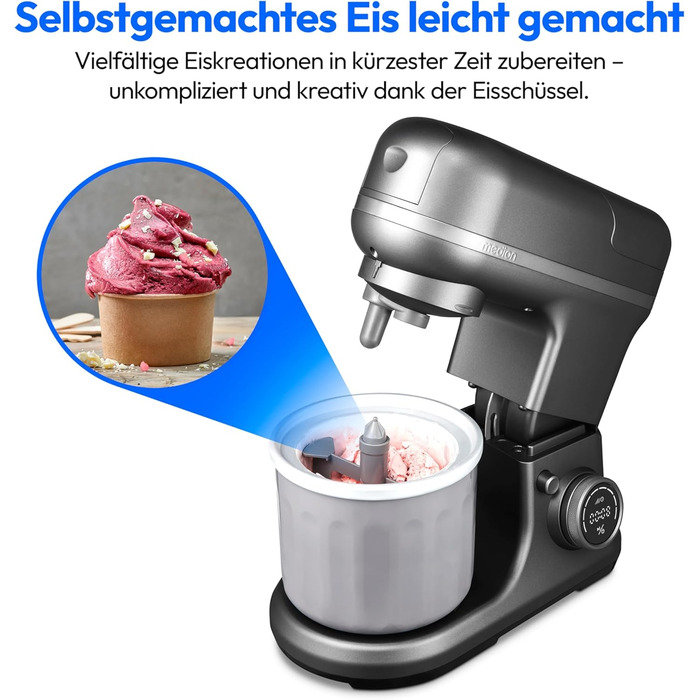 Кухонна машина MEDION MD18430: 3 в 1 (міксер, м'ясорубка, тістоміс), 5 л чаша з нержавіючої сталі, 1200 Вт, подрібнювач, нарізач, цифрова панель керування, з чашею для льоду та м'ясорубкою, з титановим ножем