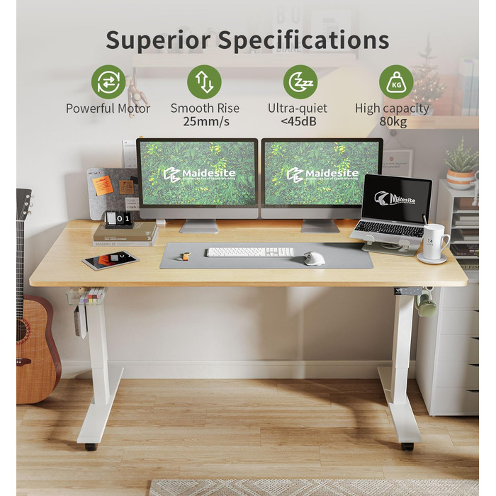 Регульований стіл MAIDeSITe SN1 140x70 см (Дуб + Білий) з електроприводом, пам'яттю та роликами