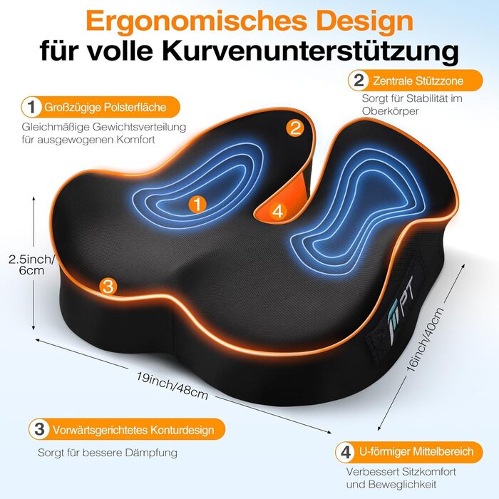 Ергономічна подушка для сидіння з Memory Foam для офісного крісла та авто, подушка для офісу, авто та дому, знімний чохол, протиковзаюча поверхня, розмір M (60–85 кг) (L-Extra Fest (110–140 кг))
