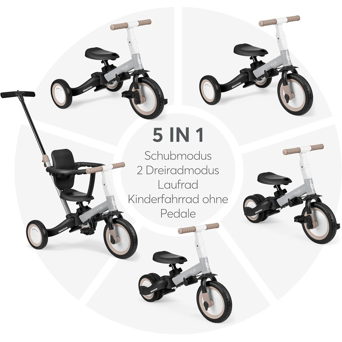 KikkaBoo FLIP 5-в-1 Триколісний велосипед для дітей від 1 року з ручкою, трансформер до бігобіла (сірий)