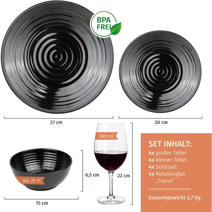 Набір посуду для кемпінгу Melamin Stone на 4 особи (16 предметів): тарілки, чашки, келихи