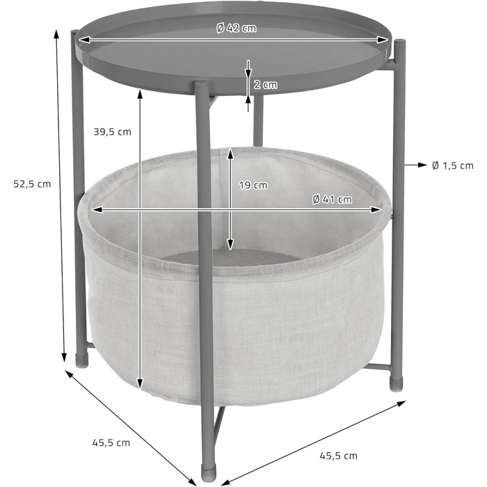 Круглий журнальний стіл ML-Design Ø45,5 x В 52,5 см, сірий, металевий, журнальний столик з тканинним кошиком і знімним підносом, журнальний столик з місцем для зберігання, сучасний дизайн, маленький столик, стіл для вітальні Приліжкова тумбочка