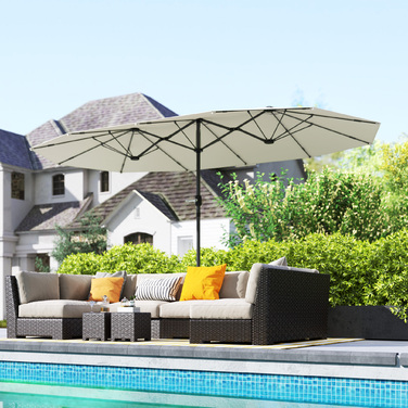 Outsunny Double Parasol 436 x 260 см, Сталева парасолька із захистом від ультрафіолету з ручною рукояткою, Овальна балконна парасолька Пляжна парасолька Вітрозахисна стабільна ринкова парасолька Колінчастий парасольку для пляжного балконного саду, бежева