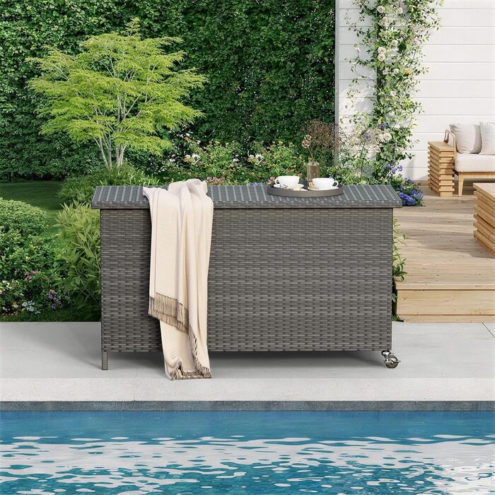 Водонепроникний садовий ящик Amopatio Gartenbox 480л з поліротангу, металевий ящик для подушок на колесах з газліфтом для саду та балкону, сірий