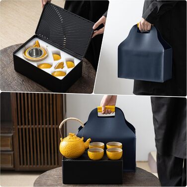 Набір для чаювання Teanagoo: чайник 700 мл + 4 чашки 205 мл, дорожній, порцеляна, сірий, з підносом