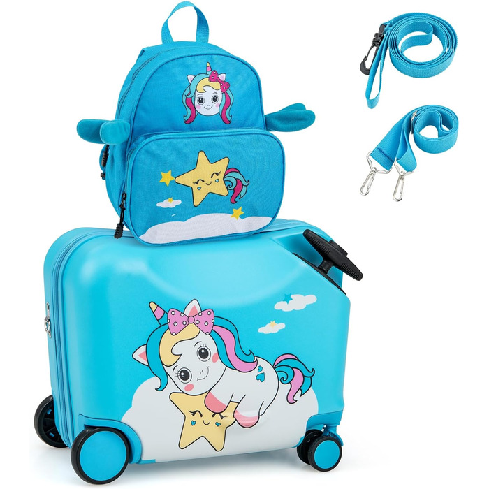 Дитяча валіза DREAMADE для сидіння, 2 шт. Дитяча валіза з рюкзаком 1812, дитячий багажний візок для подорожей, дорожній візок дитячий візок (синій-єдиноріг)