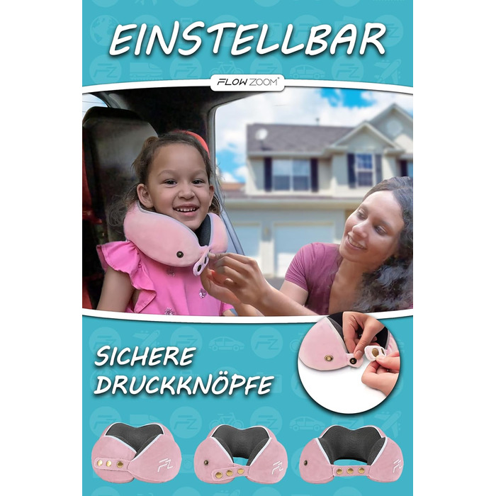 Подушка для шиї FLOWZOOM Comfy - для подорожей (літак, авто) - Memory Foam, регульована, 360° підтримка, дихаючий чохол, чорний (4.2. Comfy Kids S - Рожевий)