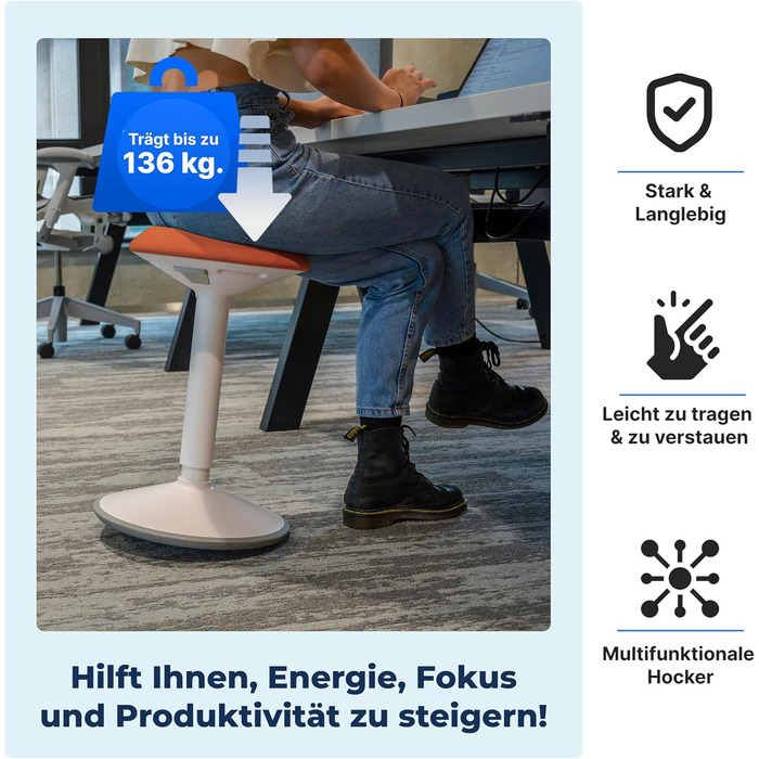 Ергономічний офісний стілець-хокер з регулюванням висоти та ефектом балансування, помаранчевий (55-80 см). Тест-переможець! Стілець для стоячої роботи