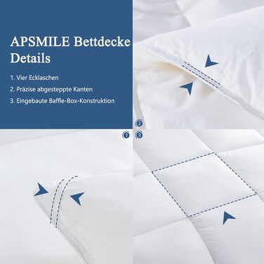 Пухова ковдра APSMILE 200x200 см з натурального пуху та пера, біо-бавовна, для алергіків, сертифікат Ökotex, RDS, середньої теплоти, біла, цілорічна