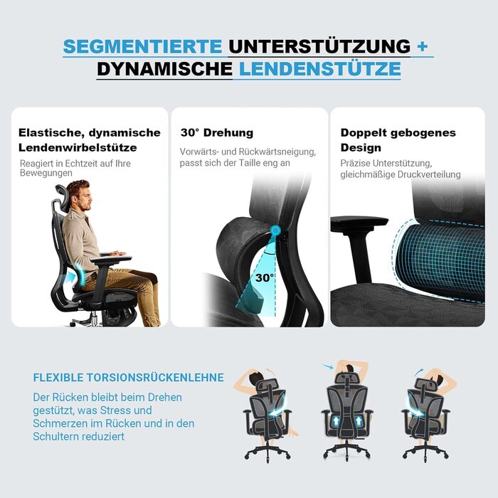 Ергономічне крісло для офісу, 4D підлокітники, регульована глибина сидіння, 4-ступеневий нахил, гумові колеса, сітчаста сидіння, висока спинка, для великих людей, Homeoffice & Gaming, ергономічне крісло для робочого столу (Чорний – з підставкою для ніг, с