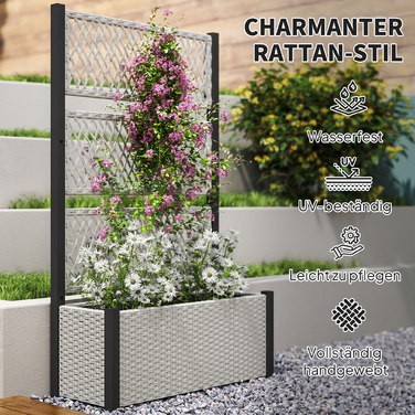 Підвищене грядка з опорою для ліан у стилі ротангу, квітник/ящик для рослин з підпірками, 90 x 35 x 148 см, сірий