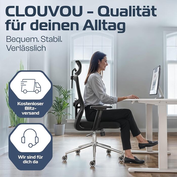 Крісло CLOUVOU BrightSeat: ергономічне офісне крісло з регулюванням | Комп'ютерне крісло для дому та офісу | Чорний | До 150 кг