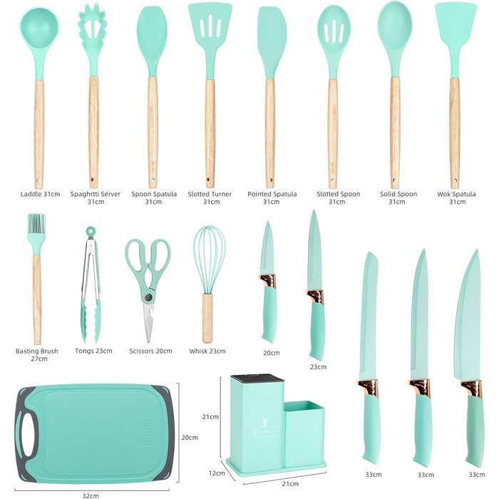 Набір кухонних ножів EliteHoff 19 предметів: 5 ножів, 12 кухонних аксесуарів, дошка для нарізання та підставка. Зручні дерев'яні ручки, силіконові аксесуари, безпечні для харчових продуктів, придатні для миття в посудомийній машині, чорний (E-6073)