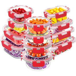 Набір контейнерів Verones 24 шт. з кришками, повітріобіг, скляні ланч-бокси, для зберігання, миття в посудомийній машині, (червоний/для подорожей, однотонний)