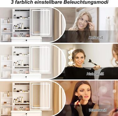 Трюмо YuYe з LED-підсвічуванням, регульованою яскравістю, дзеркалом, пуфом, 5 шухлядами та 3 полицями, сучасний комод для макіяжу з дерева, білий (125)