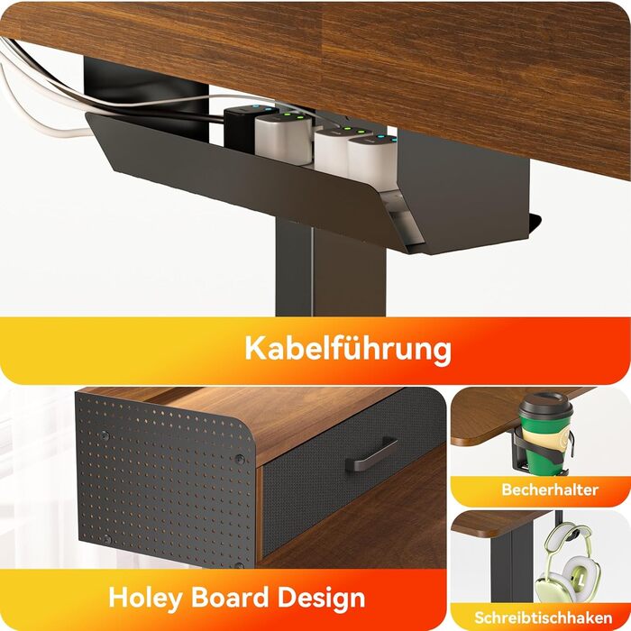 Регульований кутовий стіл L-подібної форми, електричний, 160 x 140 см. З 3 висувними ящиками, для офісу, геймінгу. Чорний горіх.