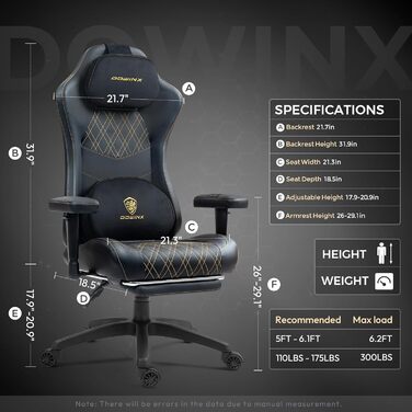 Ігровий крісло Dowinx з масажем та підігрівом, дихаюча спинка, регульоване, з підніжкою, підтримка спини та шиї, чорно-білий (чорний з золотом)