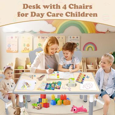 Дитячий стіл зі стільцями, дитяча група меблів, регульована висота, HDPE & ABS, багатофункціональний ігровий стіл для дітей 2-10 років, ергономічний набір столу та стільця для дитячої кімнати (120*60 см, сірий)