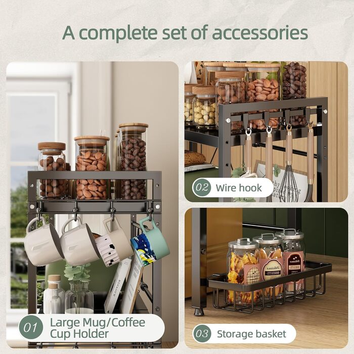 Регульована полиця для мікрохвильової печі NETEL, 3-рівнева, чорна, висувна 40-60 см, з кошиками