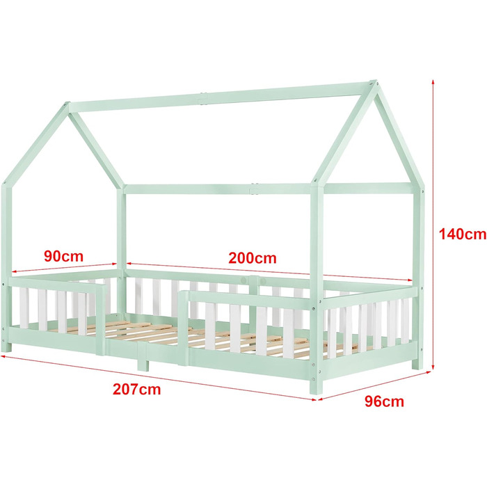 Дитяче ліжко Sisimiut house ліжко 140 х 200 см із захистом від падіння ліжко для дітей Ліжко підлогове рейкове каркасне кольори сосни (М'ятний / Білий, 90x200 см)