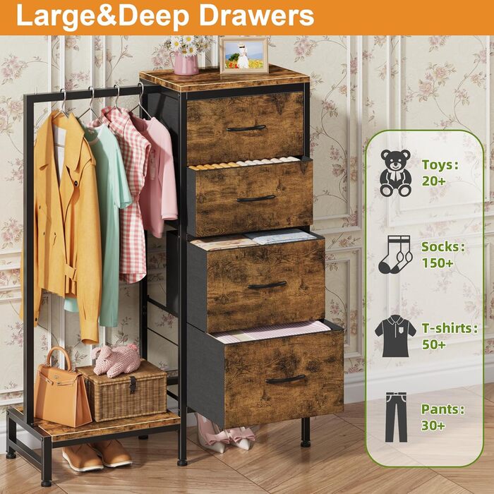 Комод 111 см з 4 висувними ящиками з тканини, з вішалкою, для спальні, вітальні, передпокою, дерев'яний, подарунок