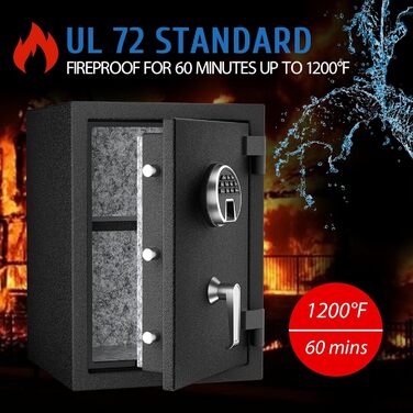 Біометричний вогнестійкий сейф WASJOYE з відбитком пальця, цифровою клавіатурою та зарядкою Type-C, 66L, для дому, офісу, готелю, водонепроникний, для документів та готівки