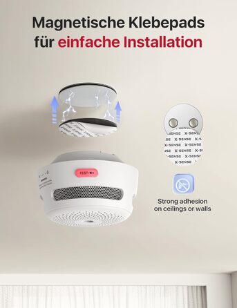 X-Sense Міні датчик диму з батареєю на 10 років та магнітним кріпленням, фотоелектричний, з кнопкою тестування/вимикання, XS01, 6 шт.