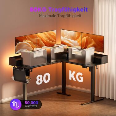 Регульований кутовий стіл L-подібної форми, електричний, 160 x 140 см, з 3 висувними ящиками. Стіл для офісу, роботи, геймінгу, стоячи/сидячи. Чорний колір.