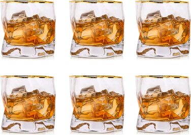 Набір склянок для віскі неправильної форми зі складками з нахилом, шотландське скло, 50 мл, модна кружка для віскі для тата, чоловіка, друзів, скляний посуд для бурбона / рому / чашки для барбекю (прозора золота оправа, 6)