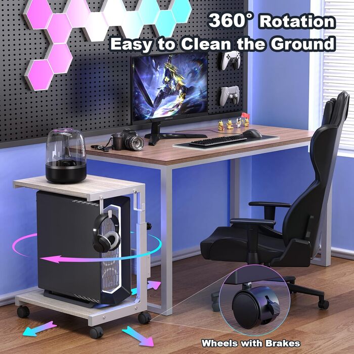 Регульована підставка для комп'ютерного блоку з 2 полицями та місцем для зберігання – для корпусів ATX, принтерів, з фіксуючими колесами (білий, W44 x D30 x H44-59.5см)