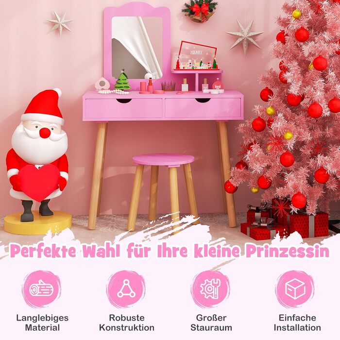 Детский туалетний столик COSTWAY 2-в-1 зі стільчиком та дзеркалом, з шухлядами, для дівчаток 3-7 років (Рожевий, без підсвічування)