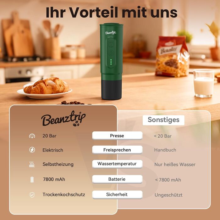 BeanzTrip H02 PRO портативна кавомашина з акумулятором, 2-в-1 для еспресо та кави, сумісна з капсулами NS та меленою кавою, 20 Bar, USB-C, для подорожей, кемпінгу та автодому (темно-зелений)