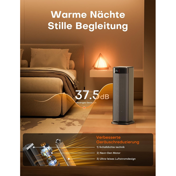 Електричний обігрівач 2000W з PTC-нагрівачем, 4 режими, ECO-режим, термостат, осциляція 90°, таймер 24 години, пульт дистанційного керування, захист від перекидання та перегріву для дому