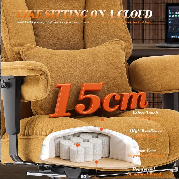 Ергономічний офісний крісло Efomao XXL до 200 кг, жовтий: з підставкою для ніг, висока спинка, товста м'яка оббивка для дому та офісу